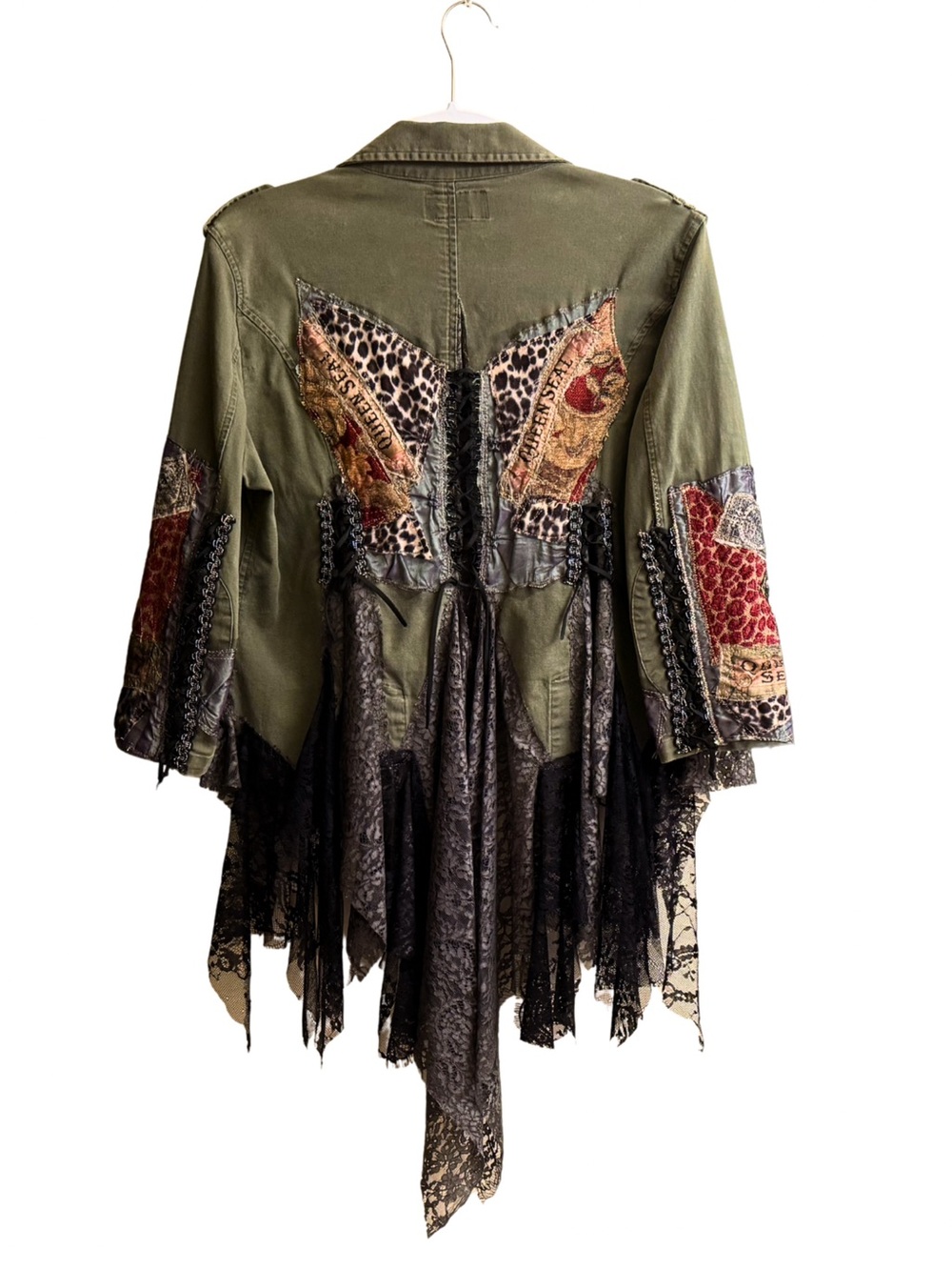 Hand Crafted Olive Green Patchwork Military Jacket with Lace Panels